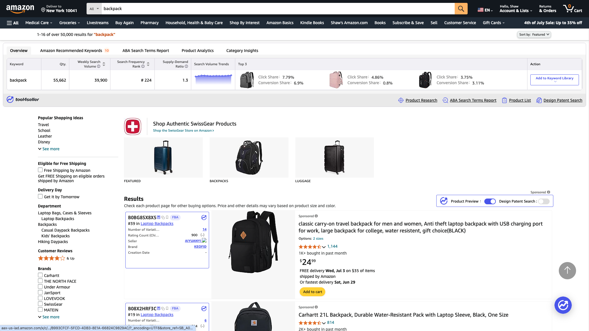 backpack search results page